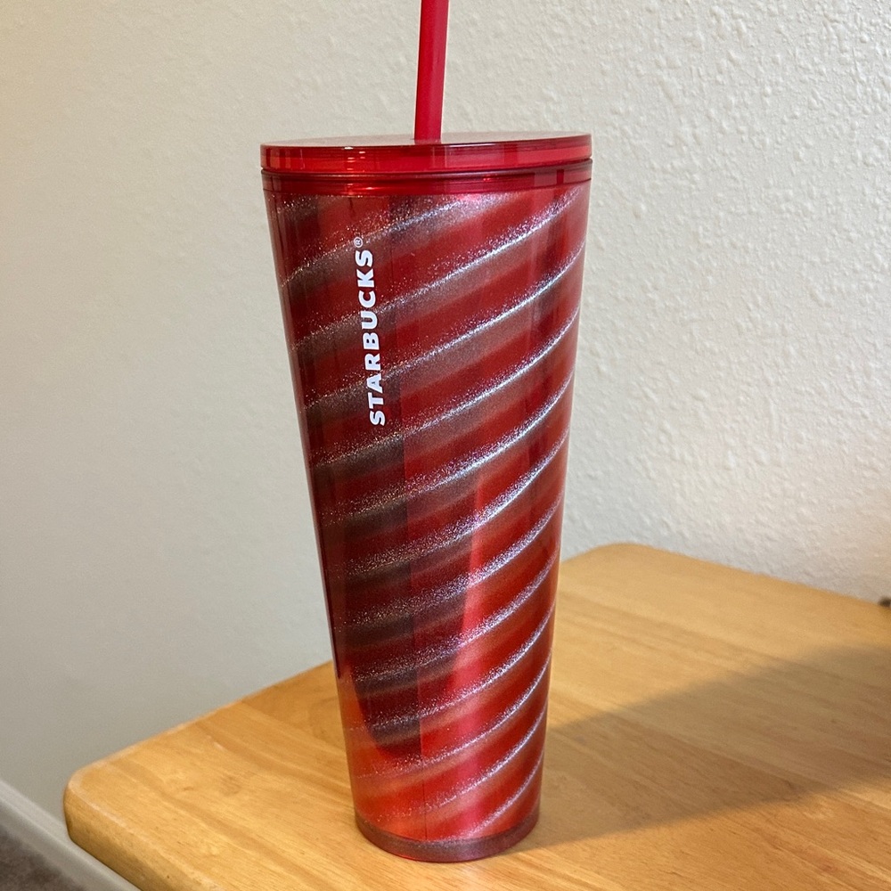 Starbucks Red and Silver Tumbler with Straw